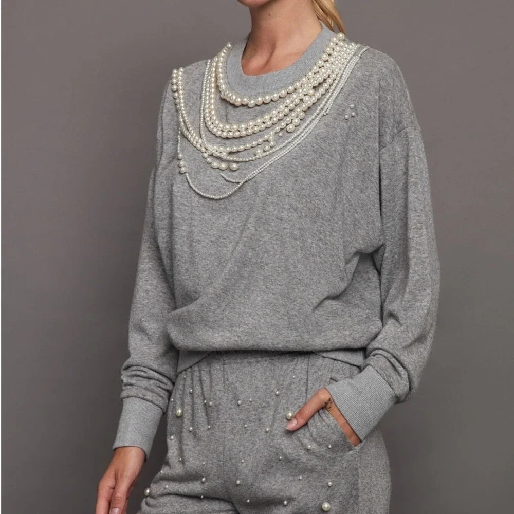 Carbon38 Pearl Sweatshirt Women's‎ XS Embellished Beaded Gray Statement Piece